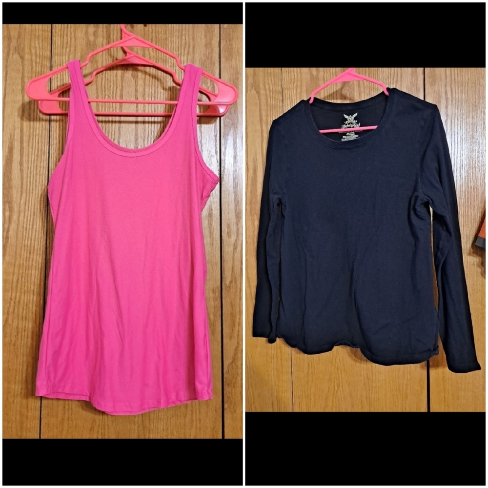 💚💚Black long sleeve top and Hot pink tank top